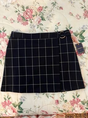 Forever 21 Navy and White Windowpane Wrap-Style Mini Skirt with Buckle